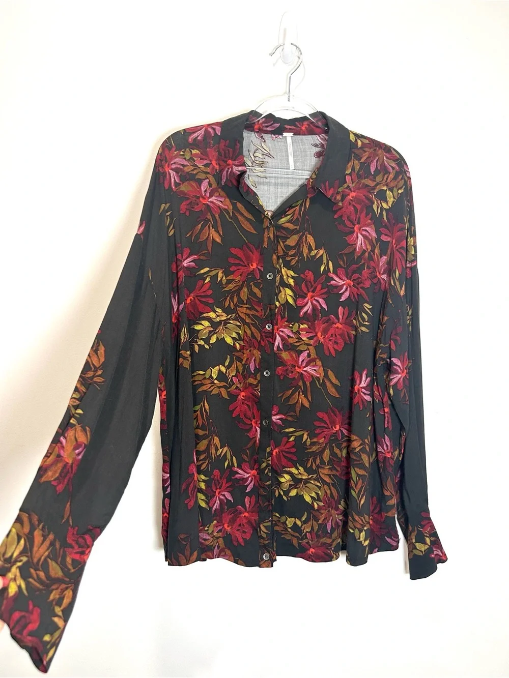 Free People Floral Top Oversized Blouse Sz S Button Down Leaf Print Multi Boho
